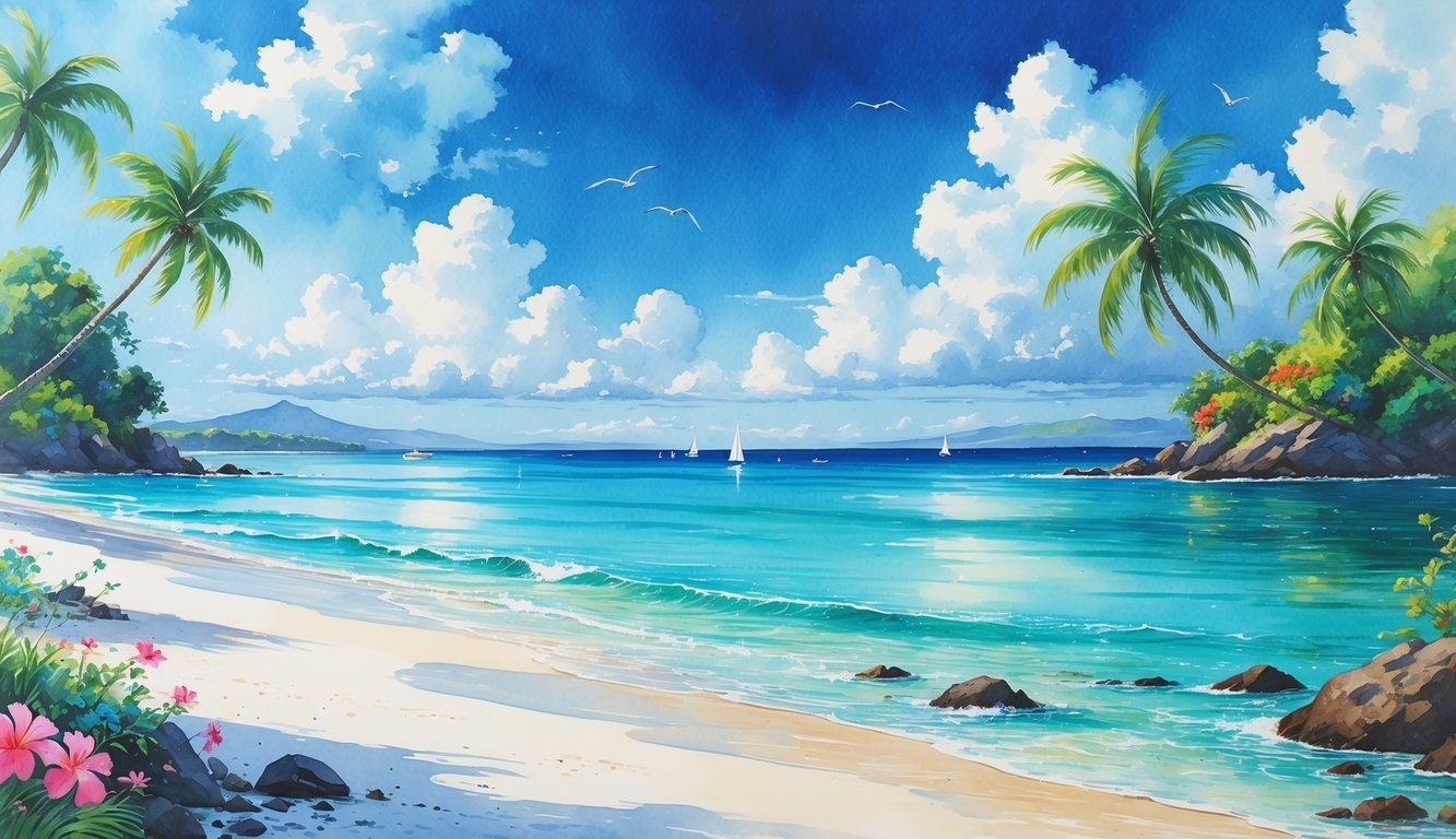 A peaceful beach scene with clear blue water, white sand, palm trees, tropical flowers, rocks near the shore, sailboats in the distance, and birds flying overhead.
