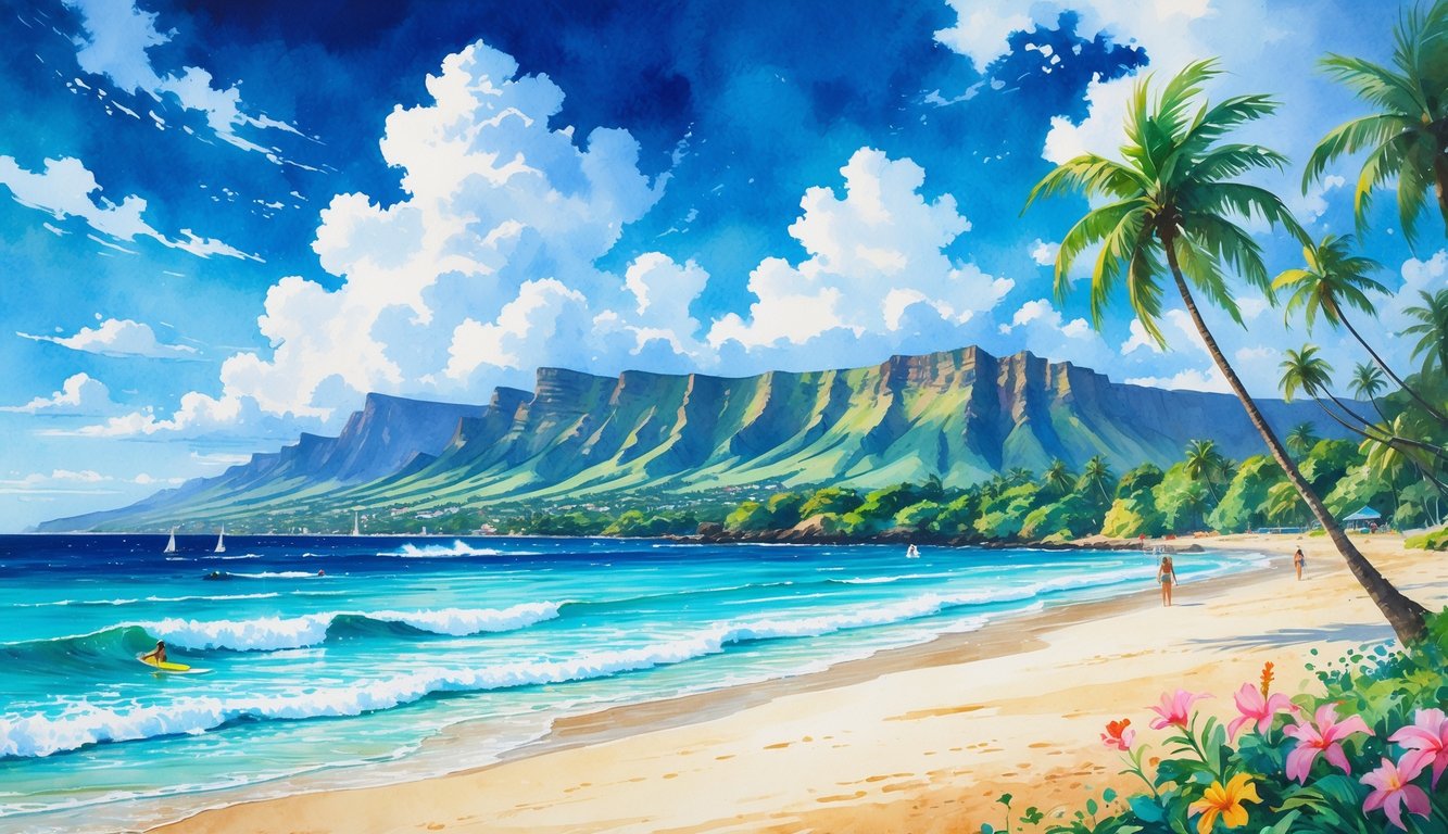 A tropical beach scene with turquoise water, white sand, palm trees, volcanic mountains, and a few people enjoying the beach.