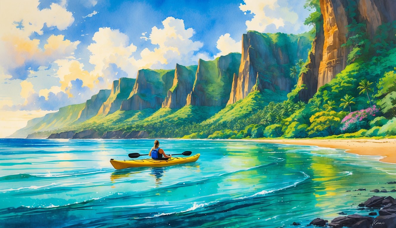 A kayaker paddling on clear blue water near green cliffs and sandy beaches on Kauai island.