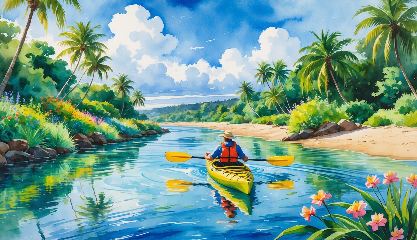 A kayaker paddling on a calm river surrounded by tropical plants with sandy beaches and ocean waves in the background.
