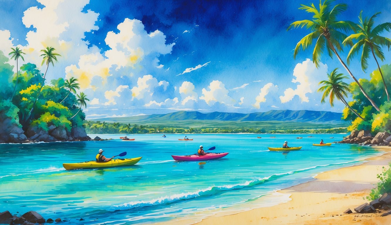 A peaceful beach scene with clear blue water, kayaks on the bay, green palm trees, and distant mountains under a partly cloudy sky.