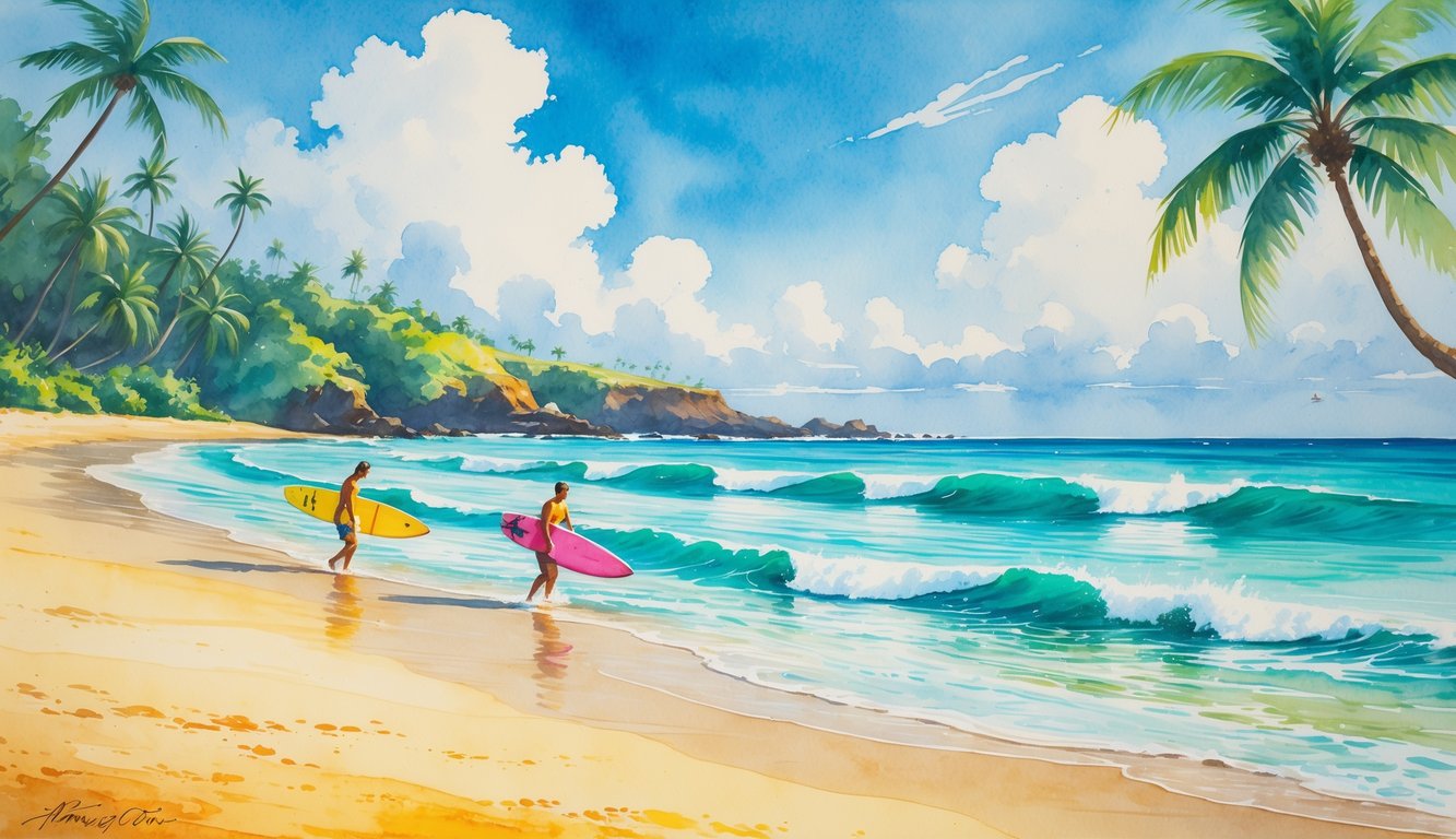 A peaceful Hawaiian beach with gentle waves, palm trees, and beginner surfers entering the calm ocean.