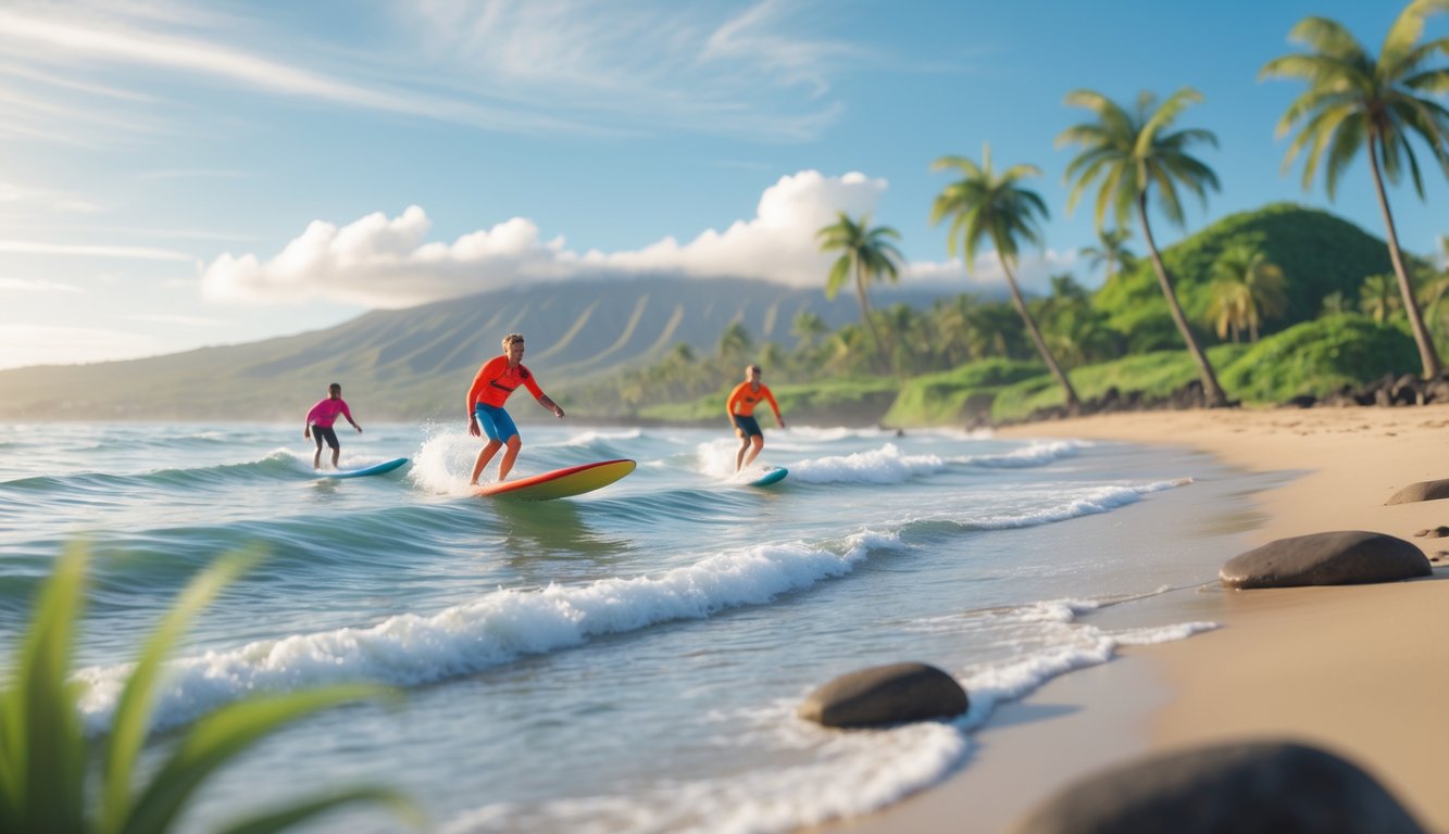 A calm Hawaiian beach with small waves, beginner surfers riding near the shore, palm trees, and mountains in the background under a clear sky.