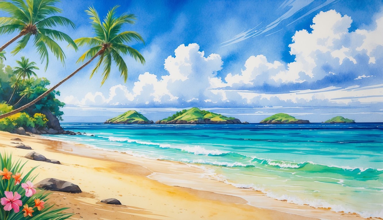 A peaceful beach scene with golden sand, clear turquoise water, small green islands in the distance, palm trees, and tropical flowers along the shore.