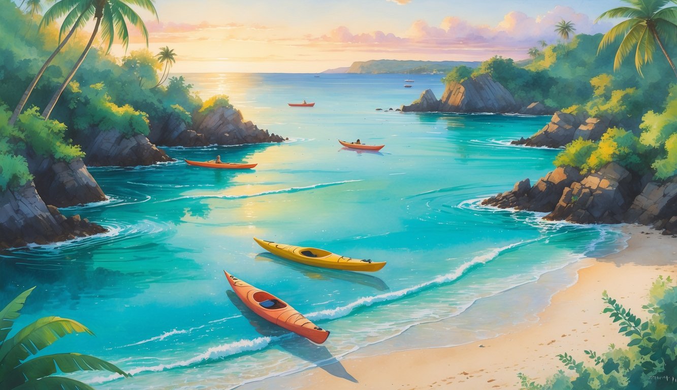 A peaceful scene of hidden beaches and coves in Hawaii with clear blue water, sandy shores, palm trees, and kayaks on calm water.