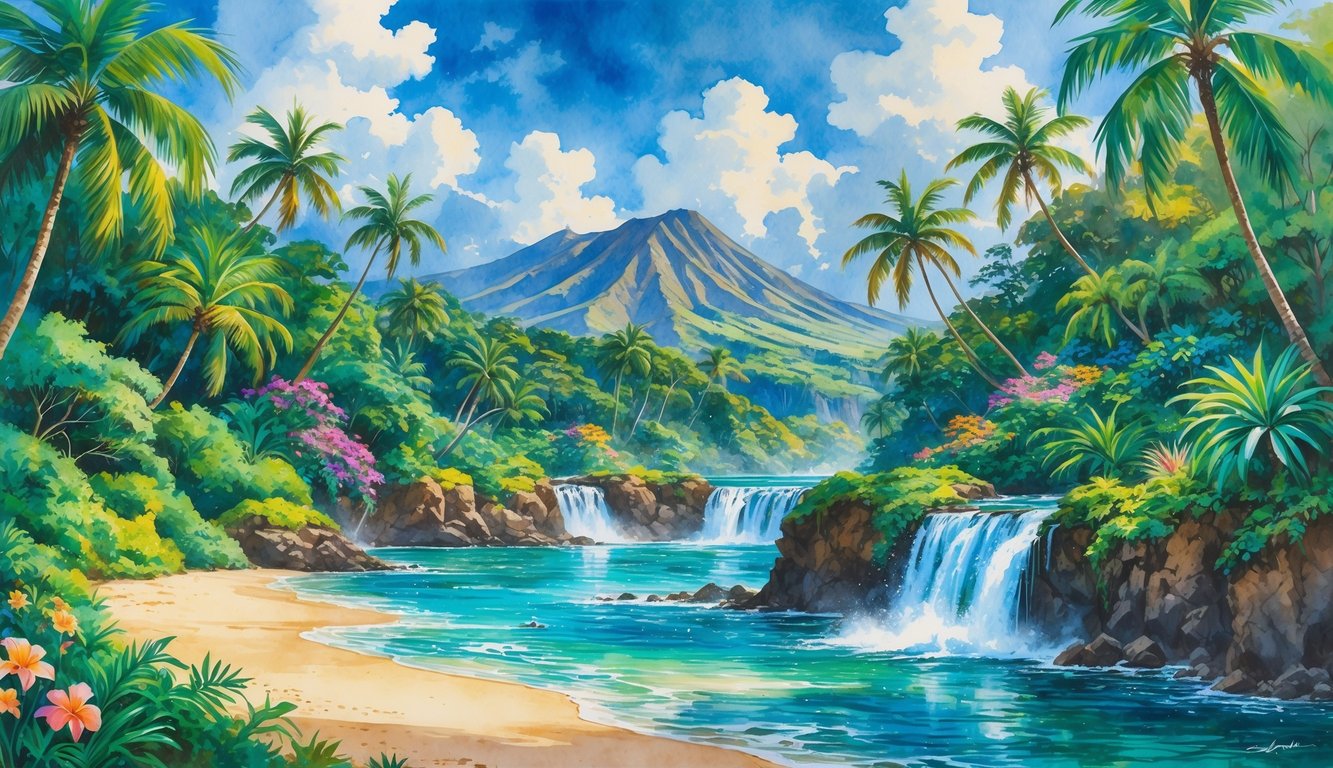 A tropical Hawaiian landscape with dense green forests, waterfalls, mountains, and a calm beach with turquoise water.