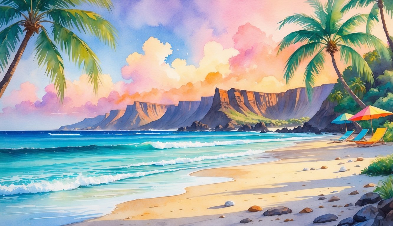 A peaceful Hawaiian beach with gentle waves, white sand, palm trees, and distant volcanic cliffs under a colorful sky.