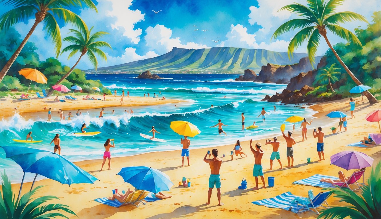 A lively Hawaiian beach with people surfing, playing volleyball, building sandcastles, and taking photos near palm trees and the ocean.
