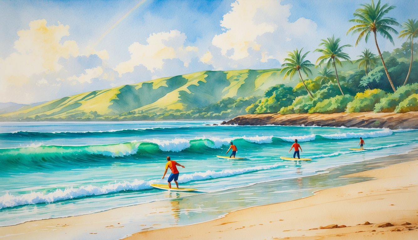 A calm beach in Kauai with gentle waves, beginner surfers on small boards, palm trees, and green hills in the background.