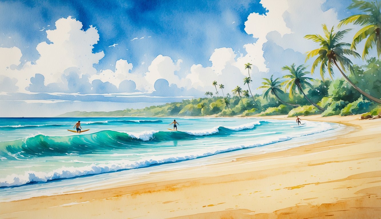 A peaceful Hawaiian beach with gentle waves, palm trees, and a few surfers riding small waves near the shore.