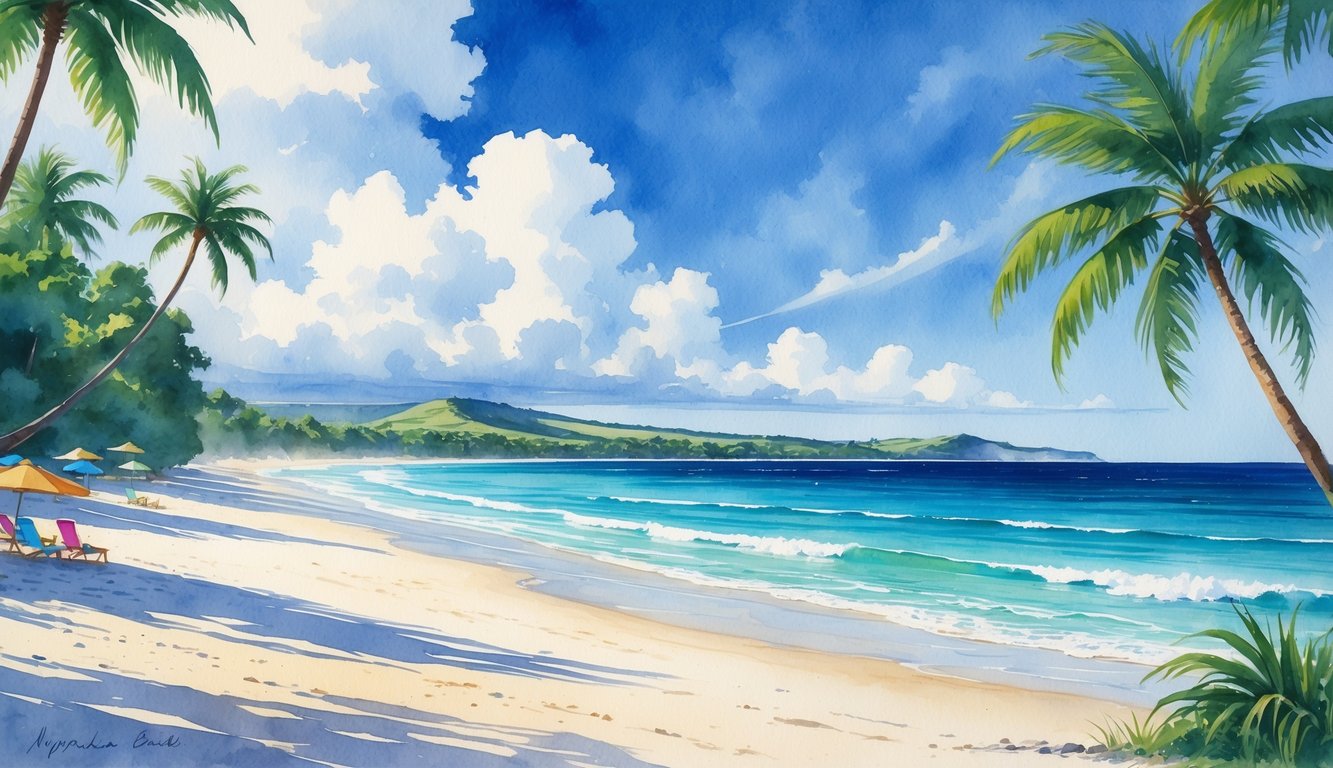 A peaceful beach with white sand, turquoise water, palm trees, and distant hills under a blue sky.