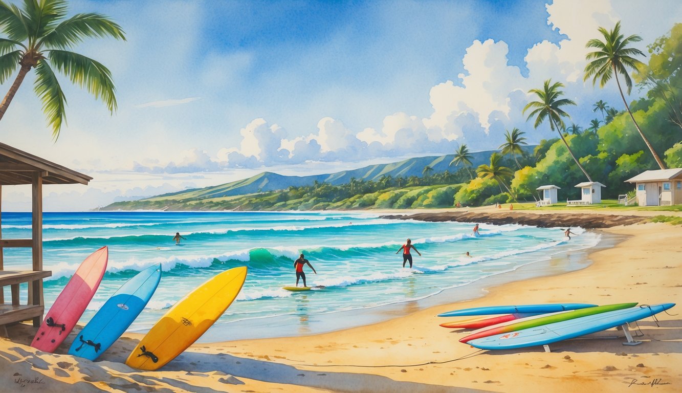 A Hawaiian beach with gentle waves, beginner surfers in the water, surfboards on the sand, palm trees, and small beach facilities like a lifeguard hut and picnic areas.