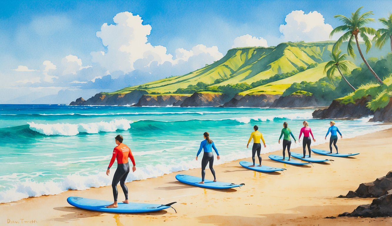 A peaceful Hawaiian beach with gentle waves, beginner surfers practicing near the shore, palm trees, and green hills in the background.