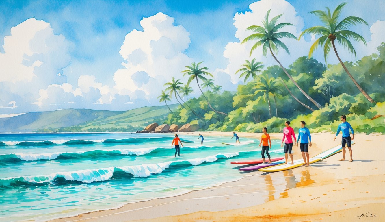 A sunny Hawaiian beach with gentle waves, beginner surfers practicing near the shore, palm trees, and a clear sky.