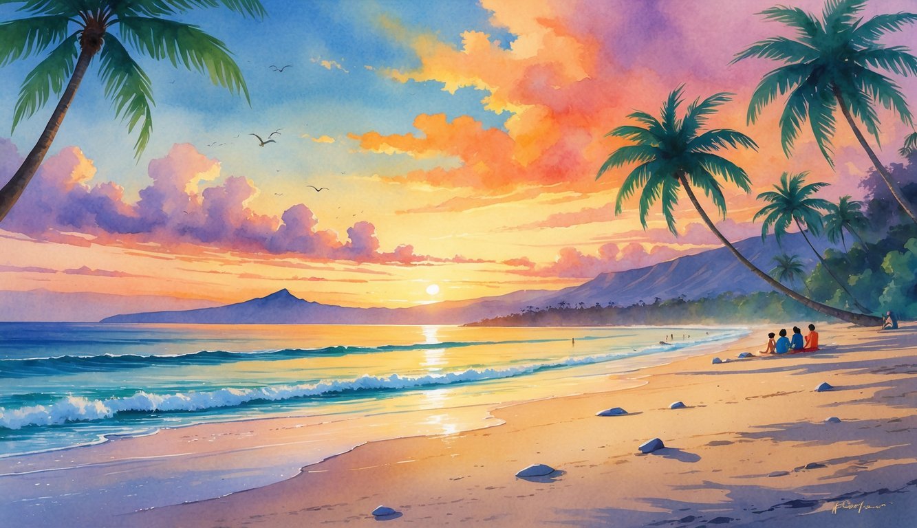 A Hawaiian beach at sunset with palm trees, calm ocean waves, distant mountains, and people watching the colorful sky.