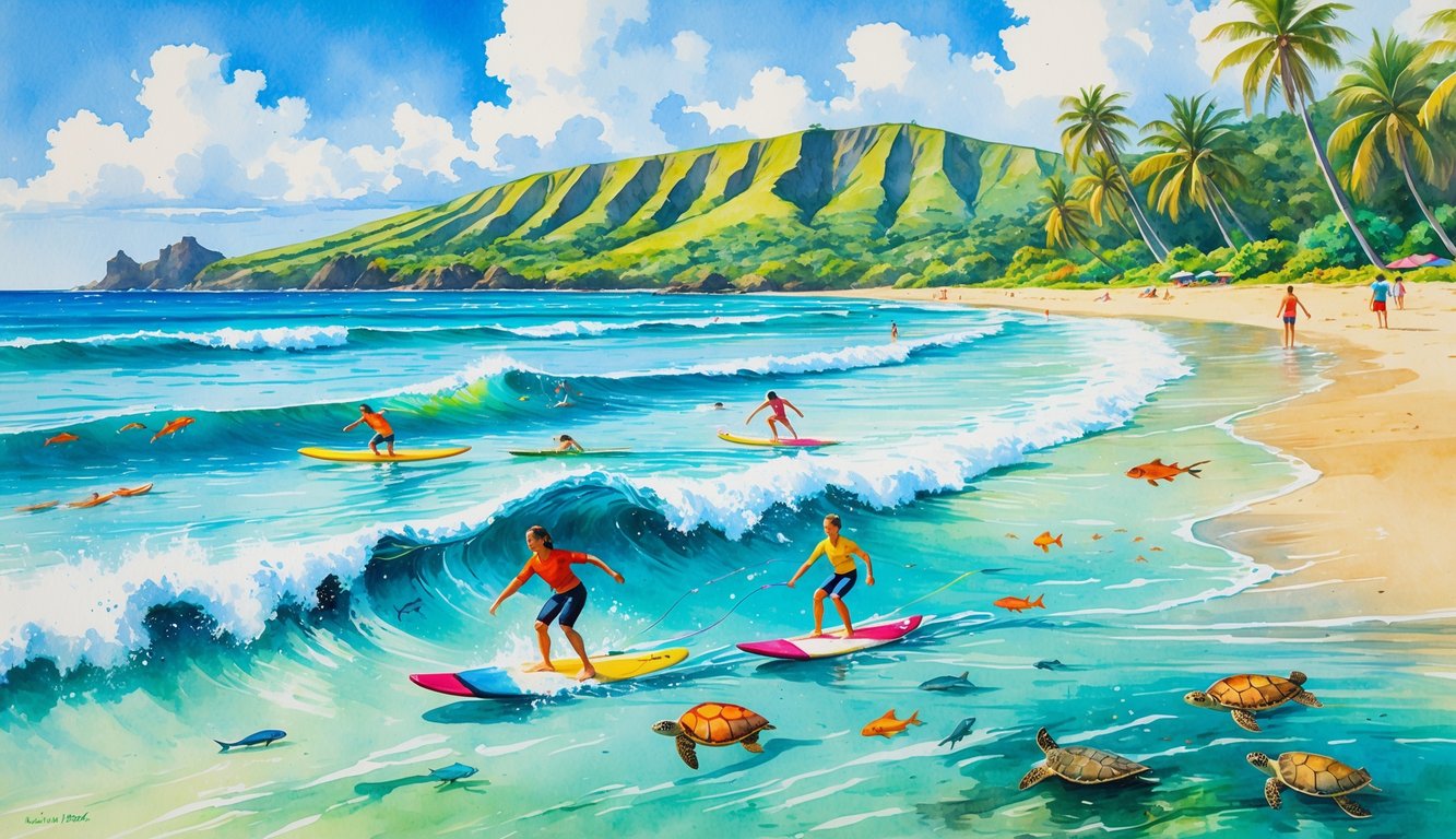 A Hawaiian beach with beginner surfers on gentle waves, clear water showing sea turtles and fish, palm trees on the shore, and green hills in the background.