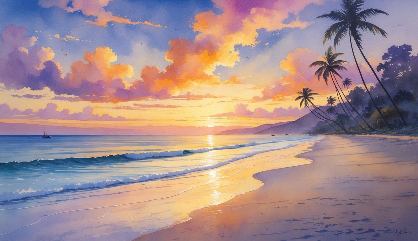 A peaceful Hawaiian beach at sunset with colorful sky, palm trees, calm ocean, and boats in the distance.