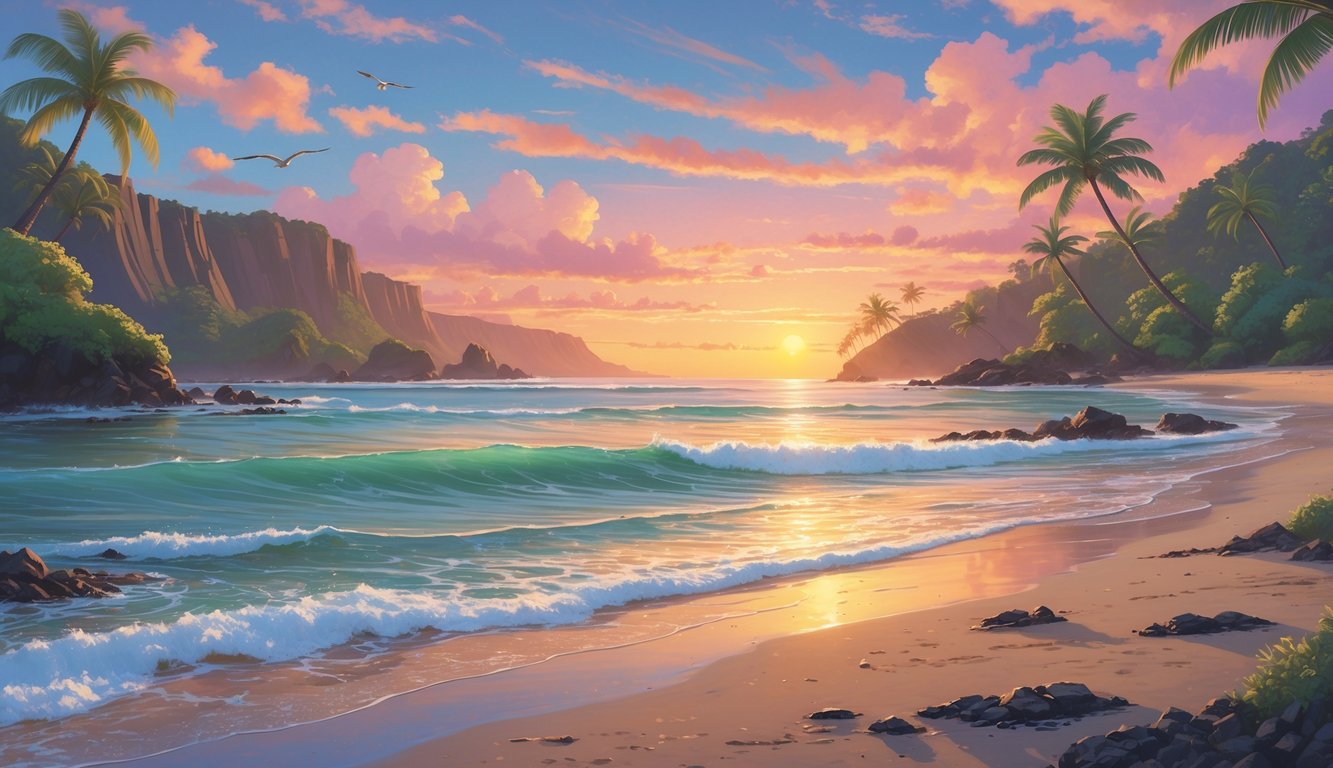 A peaceful Hawaiian beach at sunset with calm waves, palm trees, volcanic cliffs, and a colorful sky.