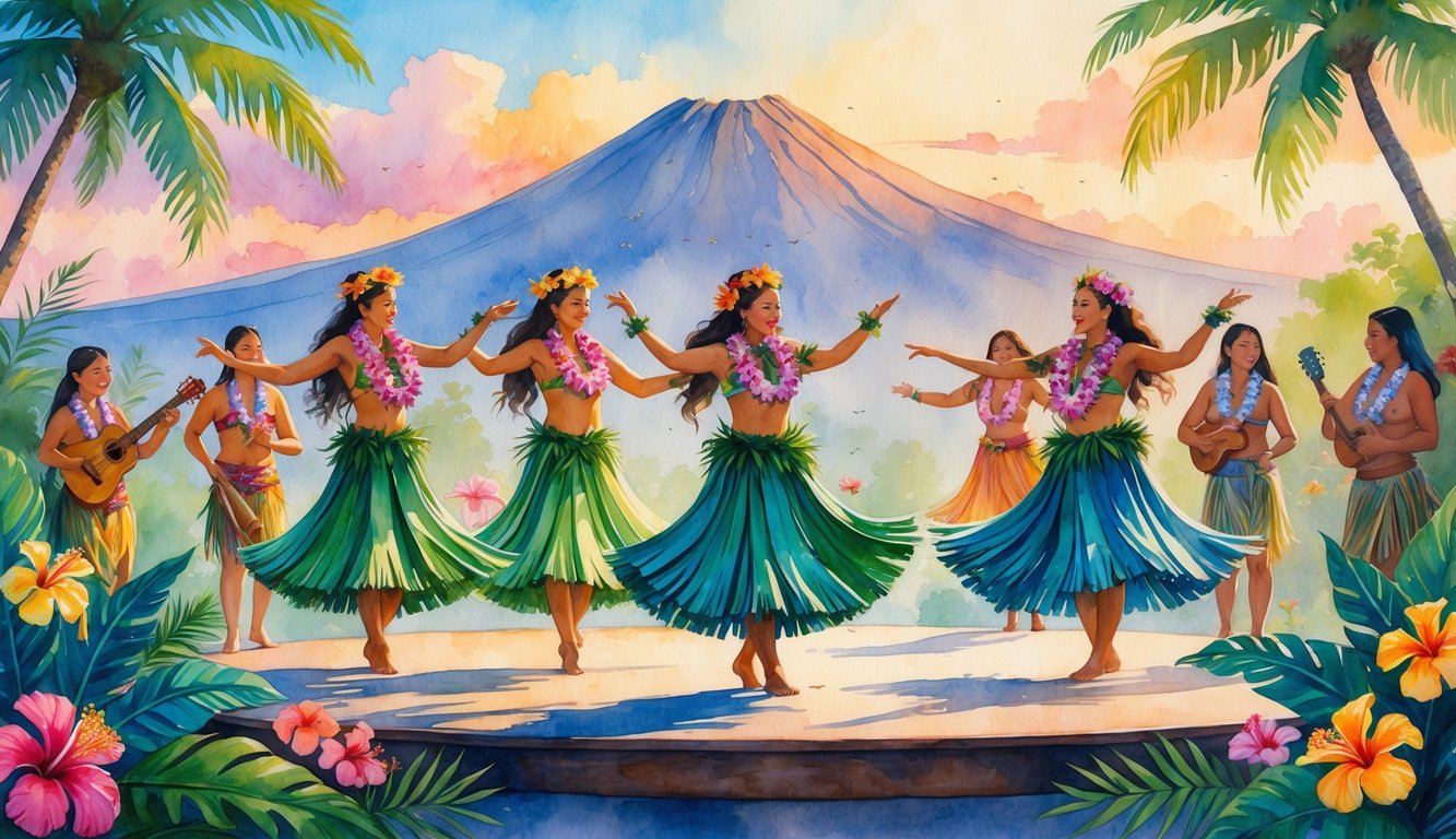 Hula dancers performing surrounded by tropical plants and flowers with a mountain in the background at sunset.