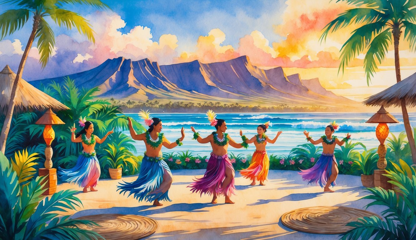 Hawaiian dancers performing on a stage surrounded by tropical plants and mountains during sunset.