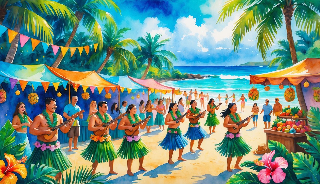 People dressed in traditional Hawaiian clothing dancing and playing music outdoors near palm trees and a beach with blue water.