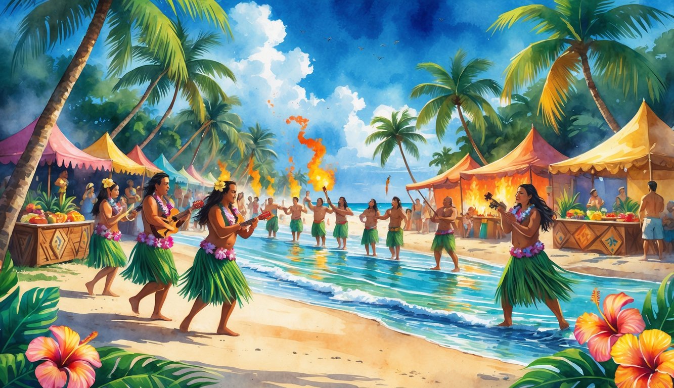 A lively Hawaiian festival on a tropical beach with people dancing, playing music, tiki torches, festival tents, and tropical flowers.