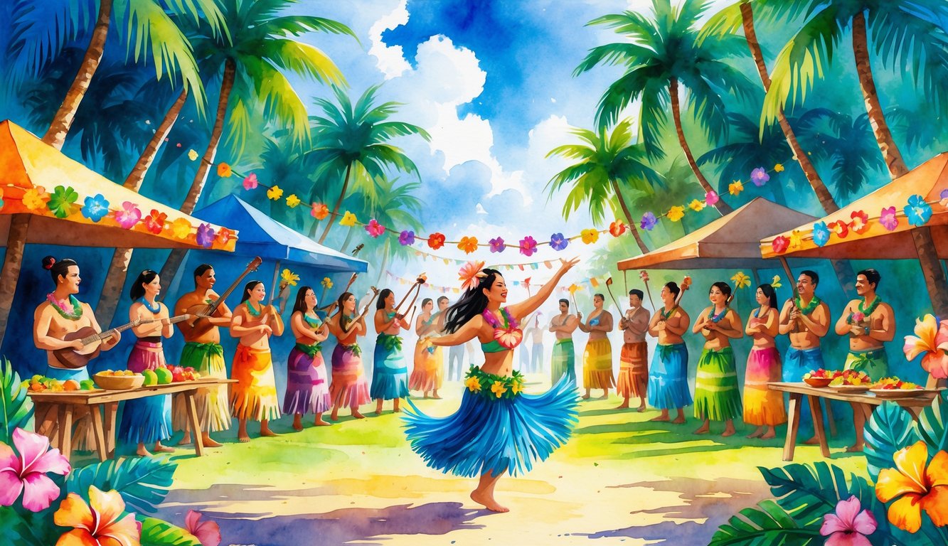 A lively Hawaiian festival with people in traditional clothing dancing and playing music among palm trees and colorful decorations.