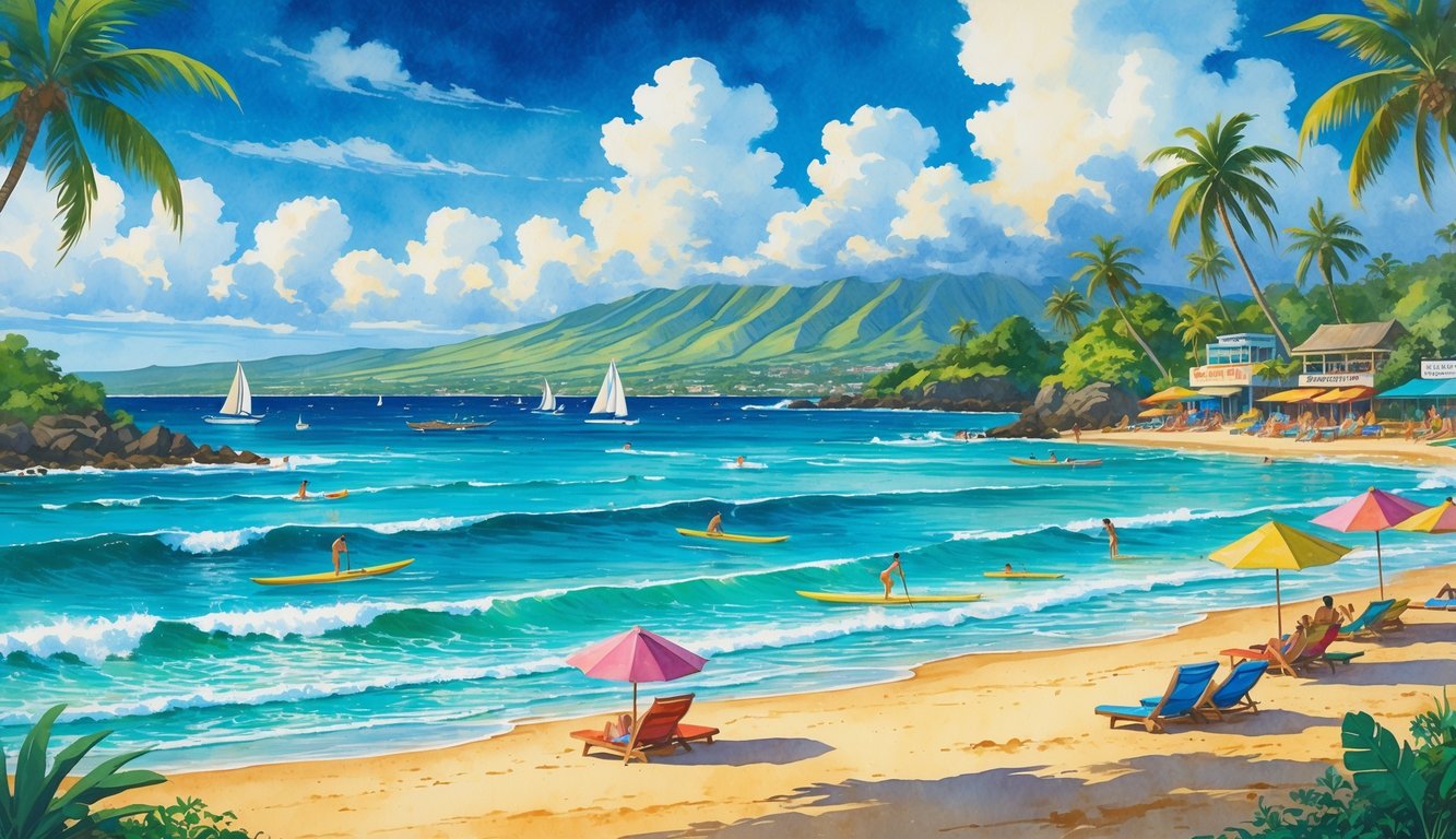 A busy Hawaiian beach with people sunbathing, surfing, and paddleboarding near palm trees and mountains, with boats on the water and small shops along the shore.