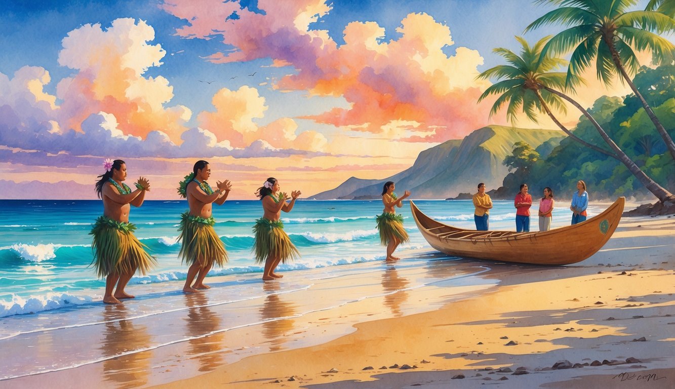 A Hawaiian beach at sunset with native dancers performing hula near the shore, palm trees, an outrigger canoe on the sand, and tourists watching respectfully.