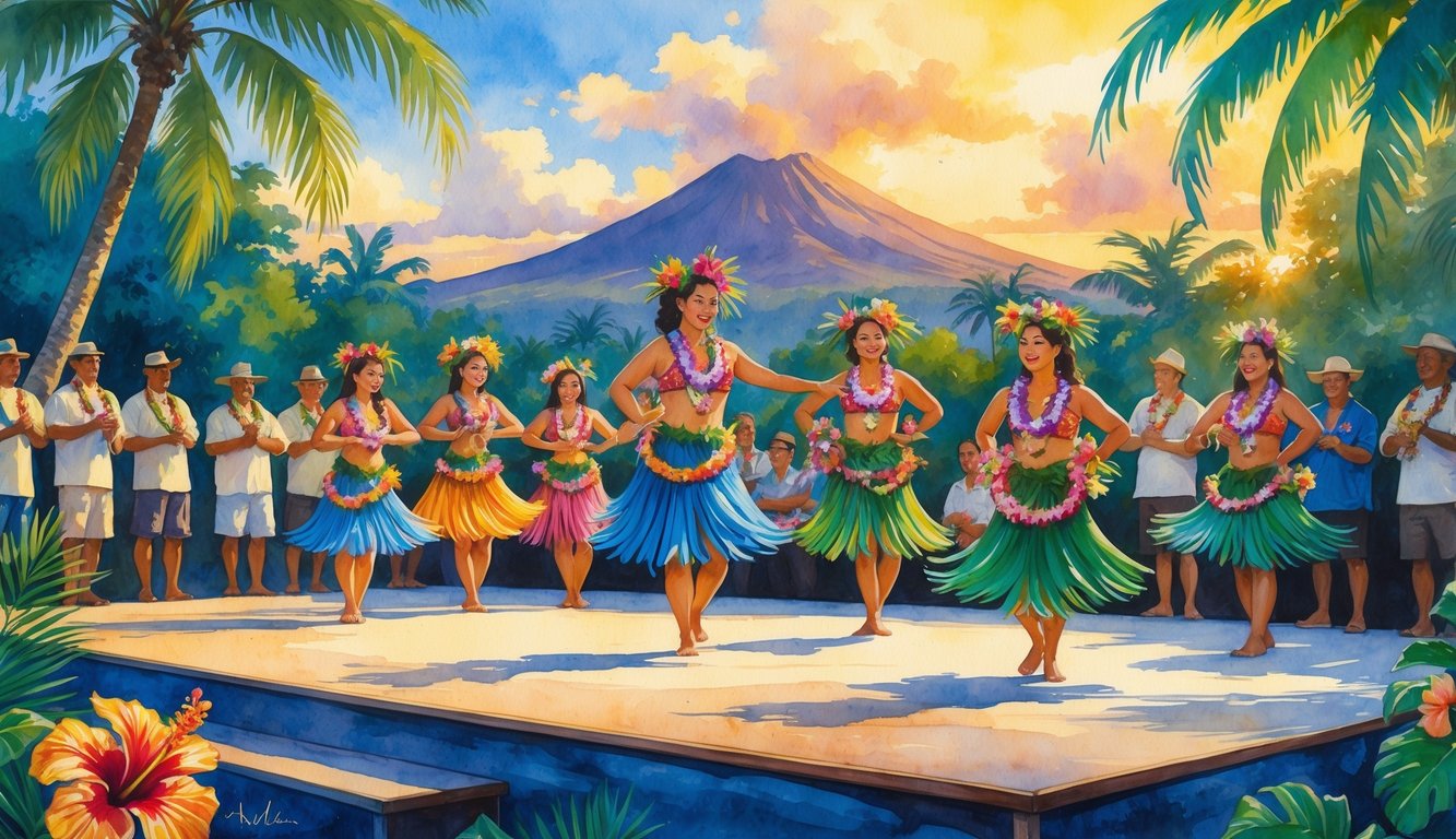 A group of Hawaiian dancers performing on an outdoor stage surrounded by tropical plants and a volcano in the background during sunset.