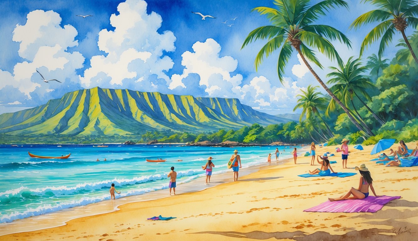 A Hawaiian beach with golden sand, palm trees, tourists enjoying the shore and ocean, volcanic mountains in the background, and boats on the water.