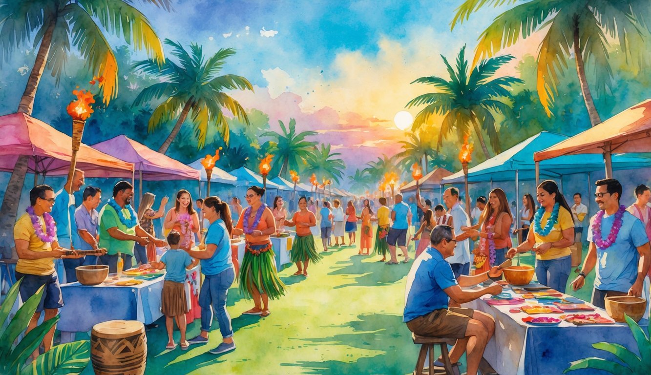 People participating in Hawaiian festival workshops outdoors with tropical trees and festive decorations around them.