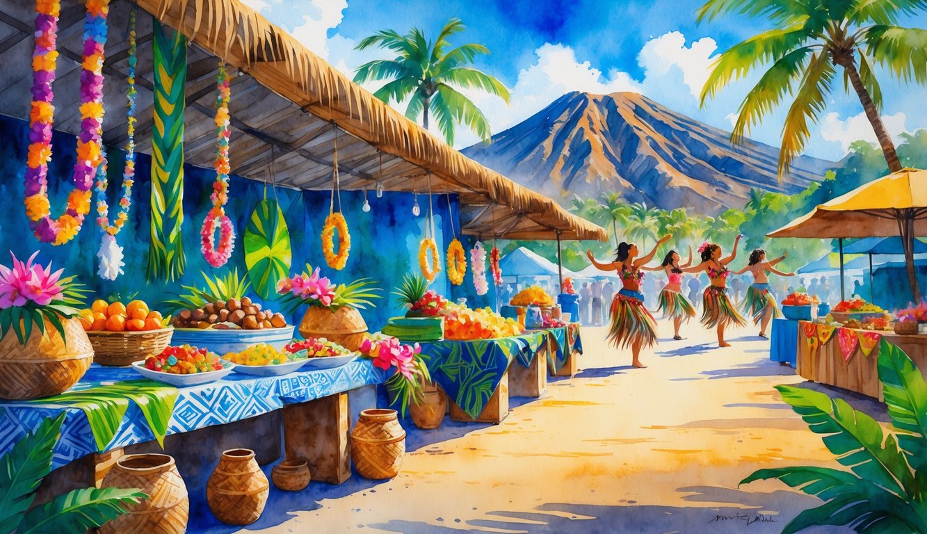 A festive Hawaiian scene with hula dancers, arts and crafts stalls, and local food displayed outdoors with palm trees and mountains in the background.