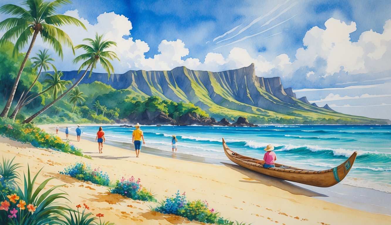 A Hawaiian beach with clear waves, palm trees, mountains, and respectful tourists enjoying the natural surroundings.