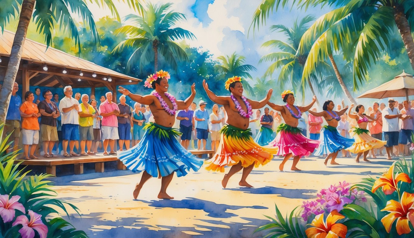 A group of hula dancers performing on an outdoor stage surrounded by tropical plants, with an audience watching and smiling.