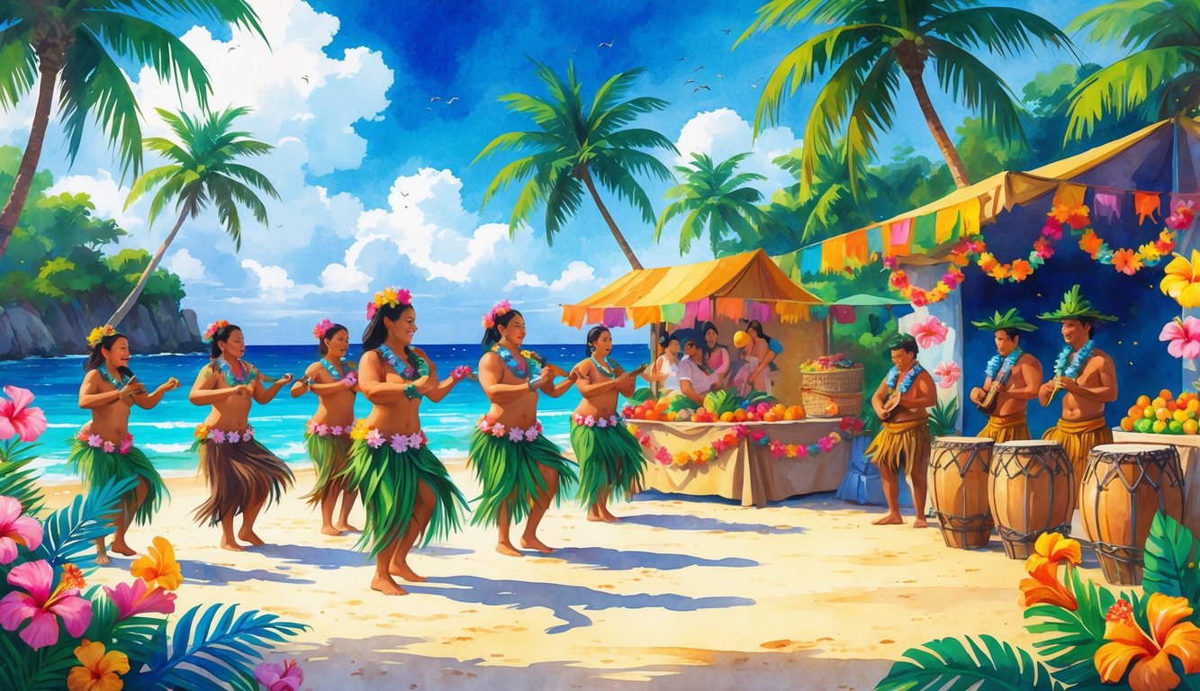 People dancing and playing music on a tropical beach surrounded by palm trees, colorful decorations, and market stalls with fruits and crafts.