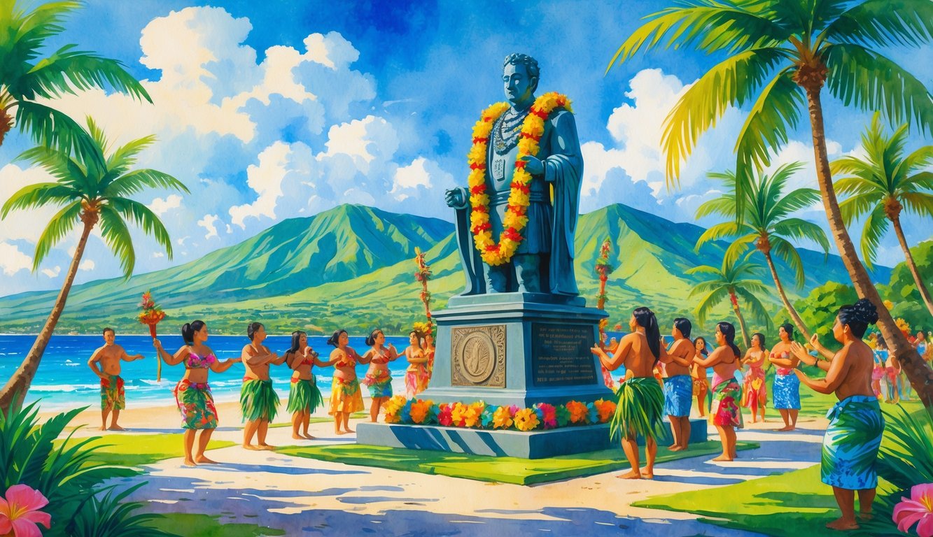 A lively outdoor celebration with people in colorful Hawaiian clothes dancing near a statue of King Kamehameha, surrounded by palm trees, mountains, and the ocean.