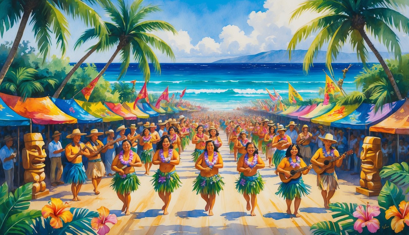 A lively Hawaiian parade with hula dancers, musicians, tropical plants, and an ocean background during a festive celebration.