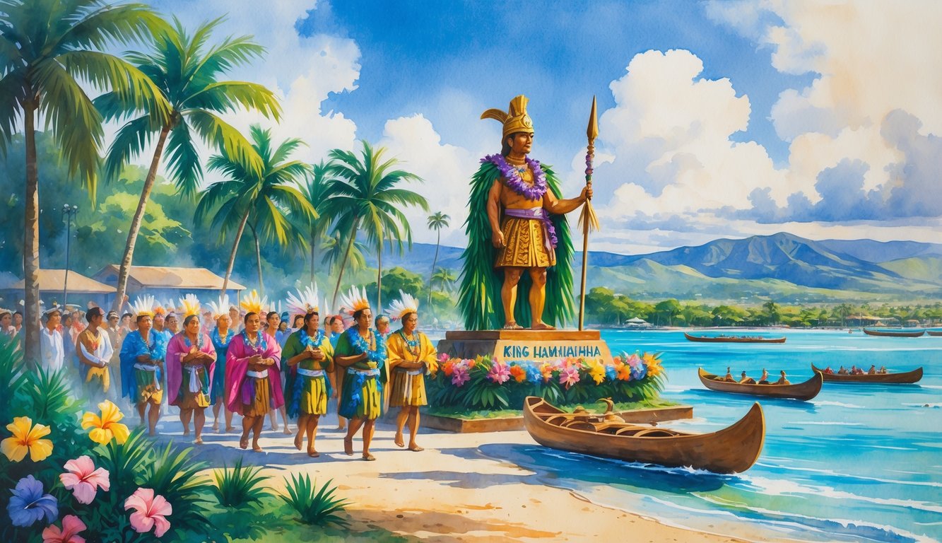 A Hawaiian celebration with people in traditional clothing gathered near a statue of King Kamehameha, surrounded by tropical plants and ocean.