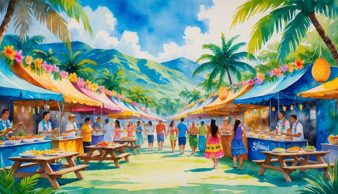 A lively outdoor food festival in Hawaii with people enjoying local dishes, tropical decorations, palm trees, and mountains in the background.