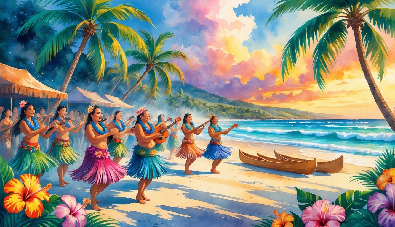 A colorful Hawaiian festival scene with dancers in traditional costumes, musicians, palm trees, tropical flowers, a beach, and people celebrating joyfully.