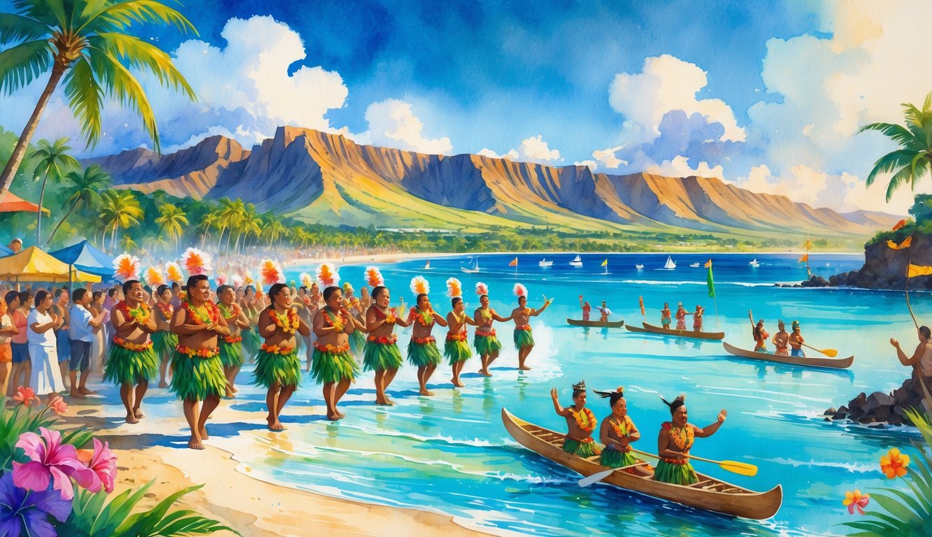 A lively Hawaiian celebration with dancers in colorful costumes, floral leis, canoes on the ocean, tropical mountains, and festive crowds along the shore.