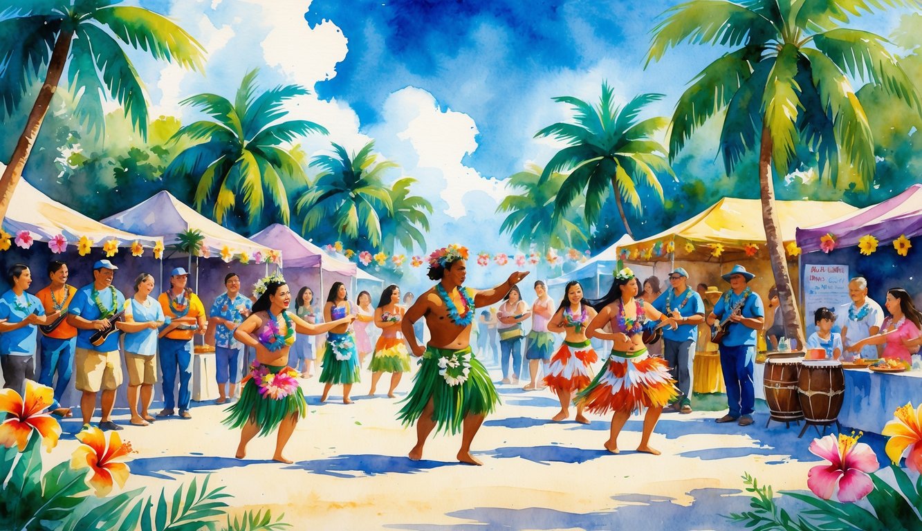 A festive outdoor scene with people in traditional Hawaiian clothing dancing, playing music, and enjoying a community celebration surrounded by tropical plants and decorations.