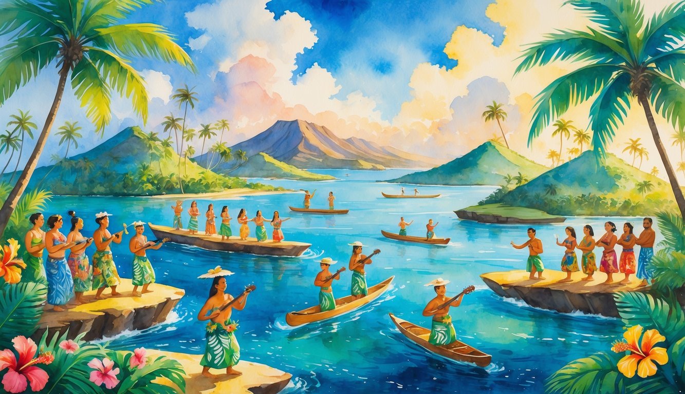 People in traditional Hawaiian clothing dancing, playing music, and celebrating on tropical islands surrounded by ocean and mountains.