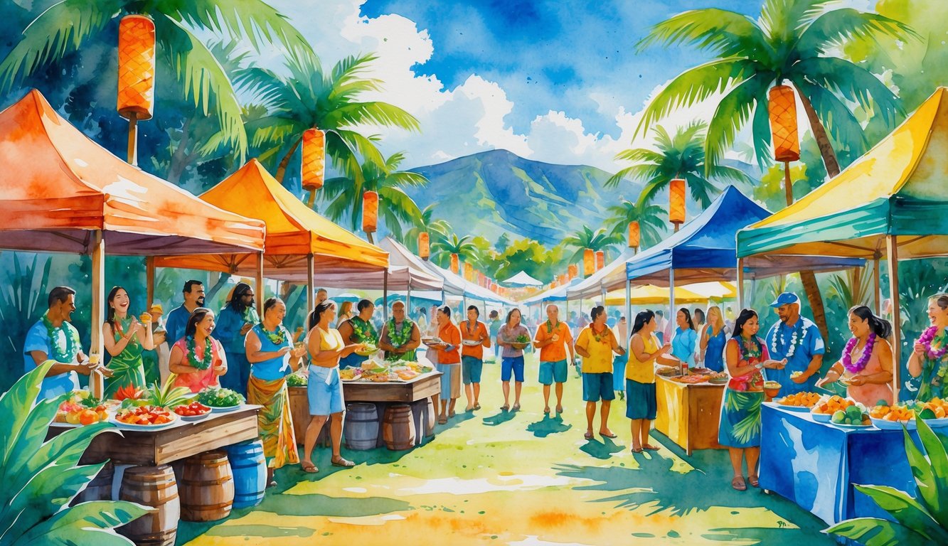 People enjoying a Hawaiian food festival outdoors with food stalls, tropical plants, mountains, and ocean in the background.