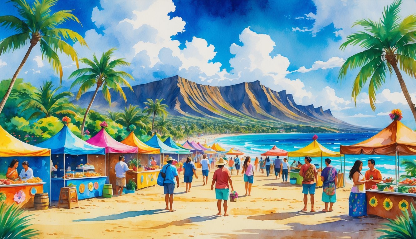 People enjoying food stalls and festive activities on tropical beaches with palm trees, mountains, and ocean in the background.