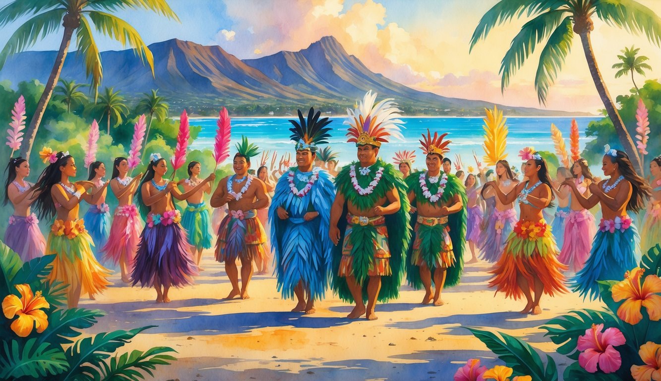 A Hawaiian royal procession with dancers and tropical flowers set against mountains and ocean during a festive celebration.