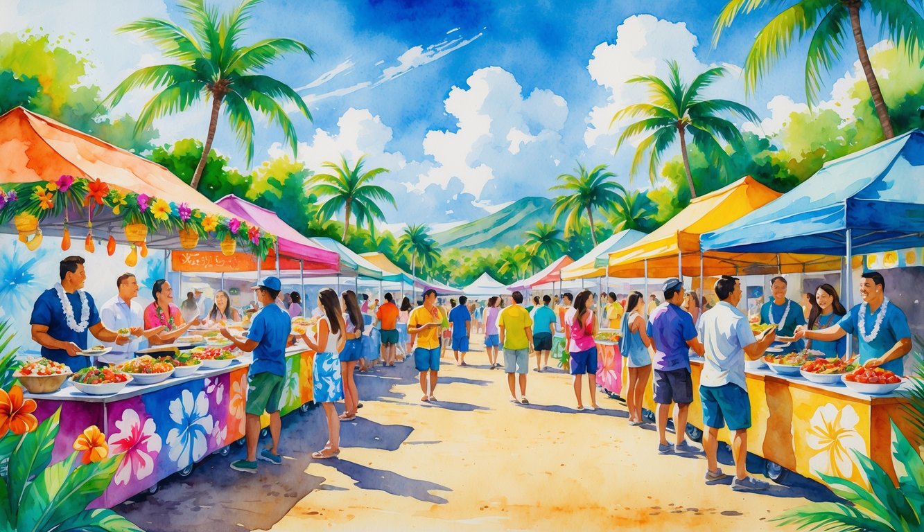 A lively outdoor Hawaiian food festival with people enjoying food stalls surrounded by palm trees and clear blue sky.