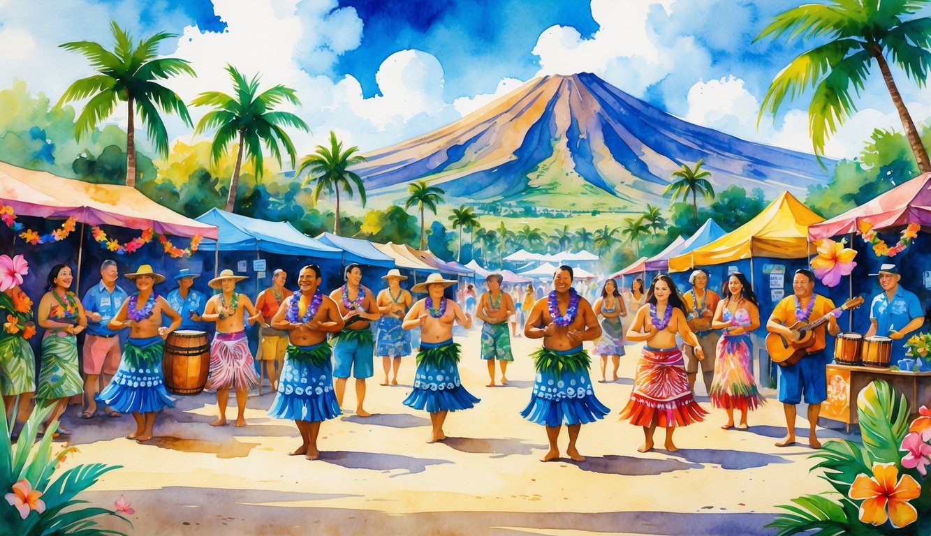 A lively Hawaiian festival with dancers, musicians, palm trees, and visitors enjoying a cultural celebration outdoors.