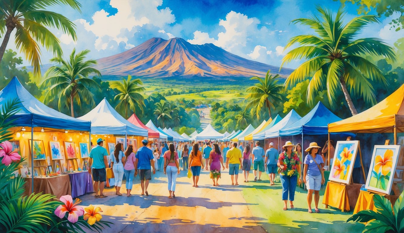 A lively outdoor festival in Hawaii with people walking among colorful art stalls surrounded by palm trees, tropical flowers, and mountains in the background.